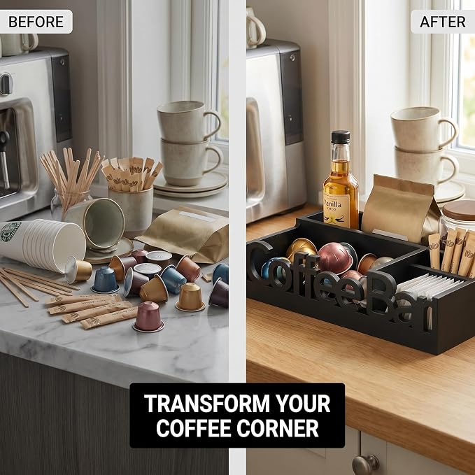 Coffee Bar Organizer Countertop,Wood Caddy with Compartments for Pods,Black | Coffee Pods, Sugar Packets, Stir Sticks & Cups