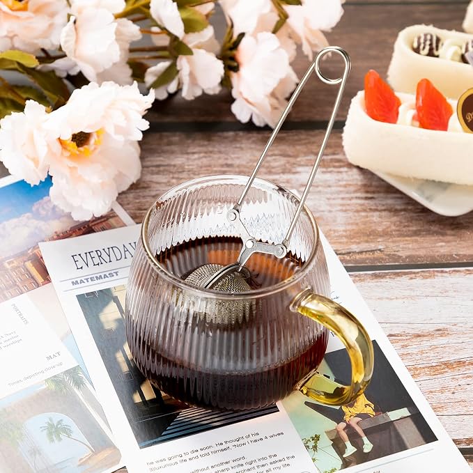 Yinder 36 Pcs Snap Tea Infuser Steeper Strainers for Loose Tea Filter Holder Tong Pincer Steeper Metal Stainless Steel Mesh Ball with Handle Reusable