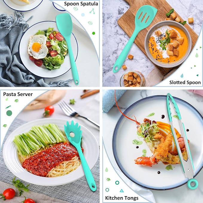 Silicone Kitchen Utensils Set, 16-Piece Silicone Cooking Utensils by Deedro | Heat Resistant Kitchen Tools Set with Holder, Nonstick Spatula Kitchen Gadgets for Cooking & Baking, Green