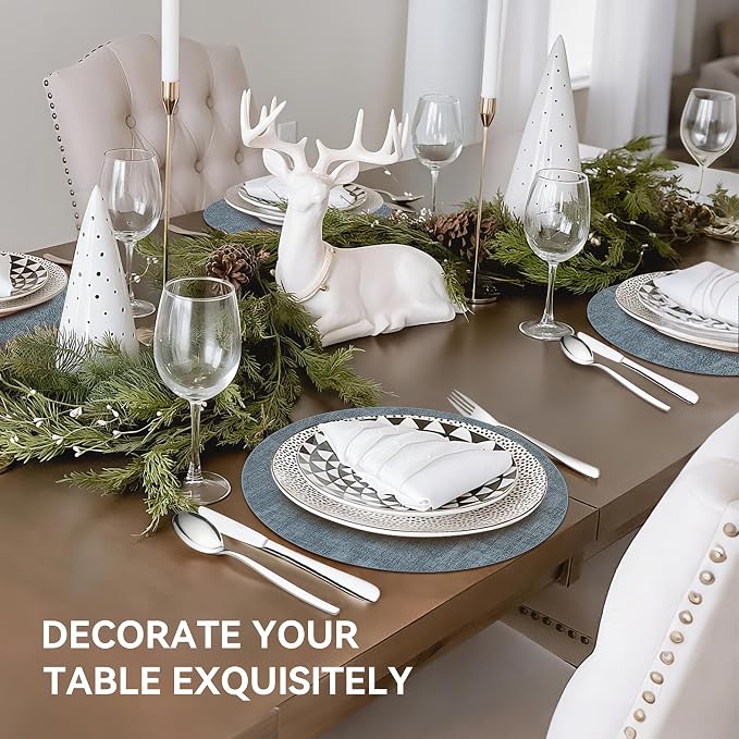 13" Round Placemats Set of 8, Reversible Faux Leather Wipeable Table Mats | 2mm Vinyl Heat Resistant, Waterproof Oilproof Scratch Proof Non-Slip, Washable for Kitchen Dining Indoor Outdoor (Light Blue)