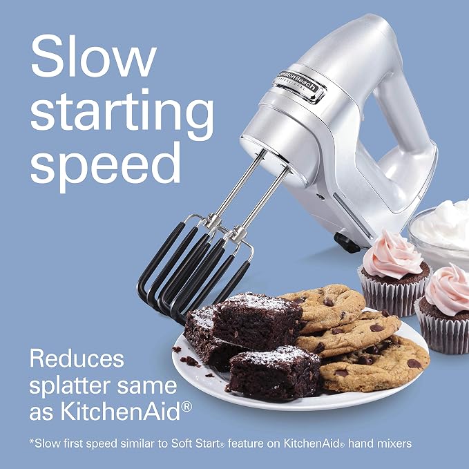 Hamilton Beach Professional 7-Speed Digital Electric Hand Mixer | High-Performance DC Motor | Slow Start | Snap-On Storage Case | SoftScrape Beaters, Whisk, Dough Hooks | Silver & Chrome