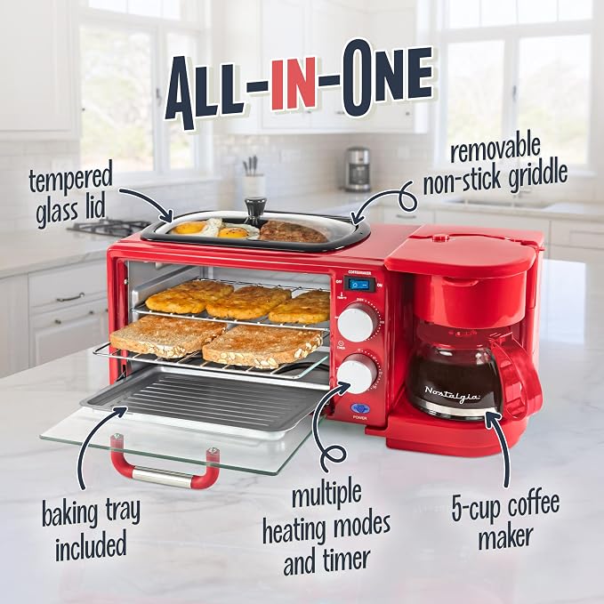 Nostalgia 3-in-1 Retro Breakfast Station - Includes 5 (4 Oz) Cup Coffee Maker, Non-Stick Ceramic Griddle, and 4-Slice Toaster Oven - Built-In Timer, Reusable Coffee Filter, Space-Saving Design - Red