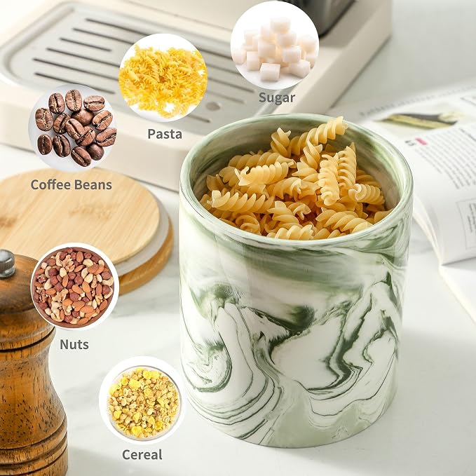 Green Food Storage Jar Strong Ceramic Storage Canisters with Airtight Seal Bamboo Lid Modern Design Seal Damp-Proof Kitchen Jar for Coffee, Tea,coffee