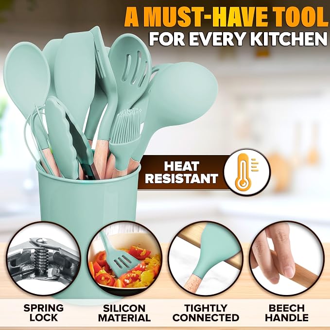 12 Pcs Kitchen Accessories Set with Holder, Silicone Heads (Light Green) | Kitchen Utensils Set for Cooking and Baking; Wooden Handles; Heat-Resistant up to 446°F; Non-Scratch for Nonstick Pans