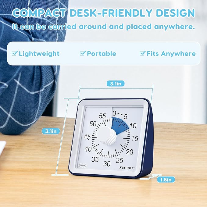 Secura Visual Timer for Kids, 60 Minute Classroom Countdown Timer for Study | Non-Ticking, Adjustable Alarm Volume/Duration, Low Power Reminder, Time Management Tool for ADHD (Navy Blue & Navy Blue)