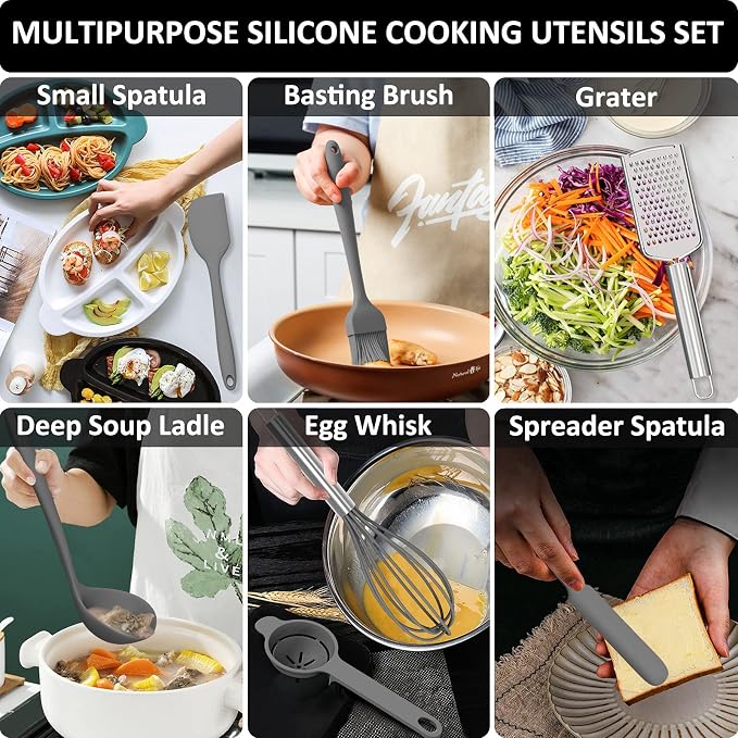 Silicone Kitchen Utensils Set, 16-Piece Silicone Cooking Utensils by Deedro | Heat Resistant Kitchen Tools Set with Holder, Nonstick Spatula Kitchen Gadgets for Cooking & Baking, Gray