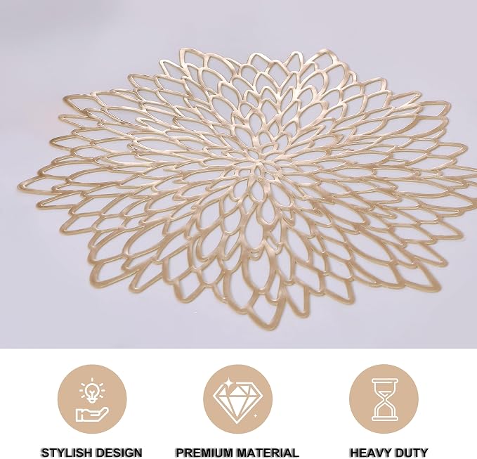 Snowkingdom Pack of 18 Gold Placemats Metallic Round Leaf Bulk Pressed Vinyl Dinning Kitchen Table Charger Mats Decorations for Mothers Day Wedding Party Birthday Event Holiday Christmas Thanksgiving