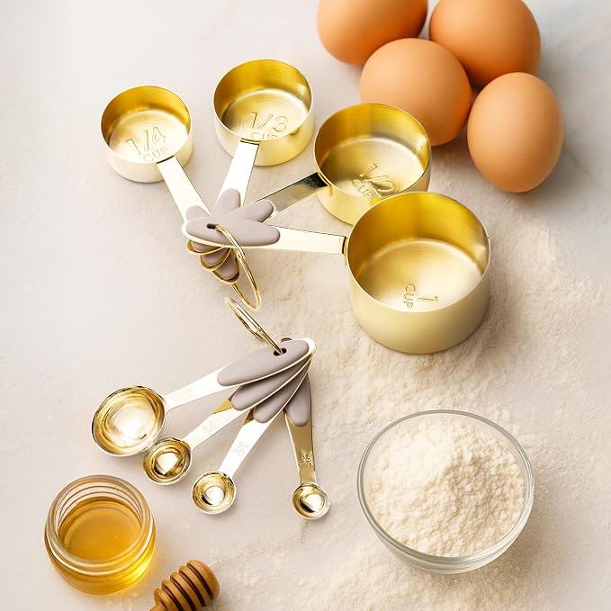 Styled Settings Gold Measuring Cups and Spoons Set, 8-Piece | Stainless Steel, 8-Piece Brass Measuring Set with Beige Silicone, Stackable, Gold Kitchen Accessories for Baking & Cooking