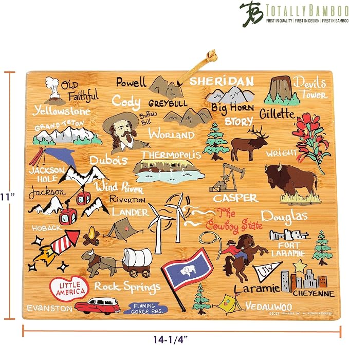 Totally Bamboo Wyoming State Shaped Cutting Board, Art by Fish Kiss | State charcuterie board with colorful hand-drawn map artwork. Smooth reverse side for food prep. Hang tie for wall display.