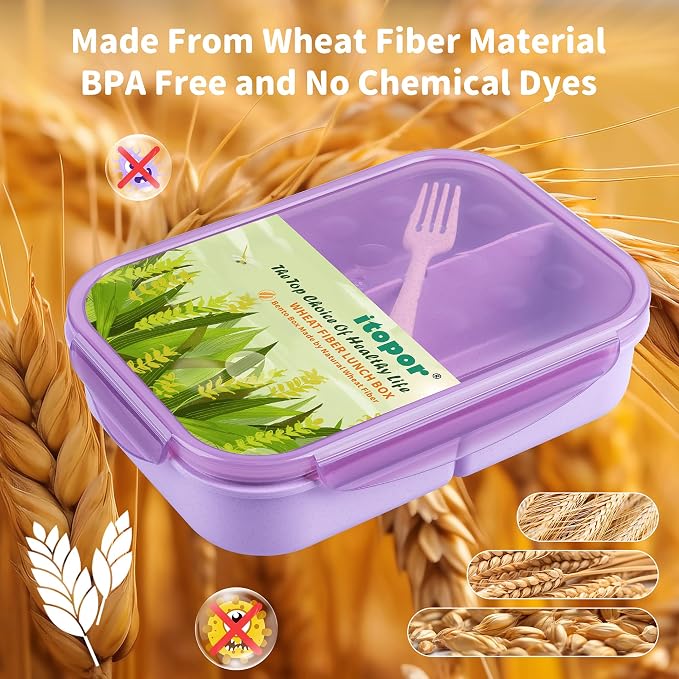 Itopor Bento Box for Kids & Adults, Lunch Box 46 oz / 1400ml, Lavender | Wheat straw material, BPA-free, leakproof, 3 compartments, microwave & dishwasher safe, for school, office & travel