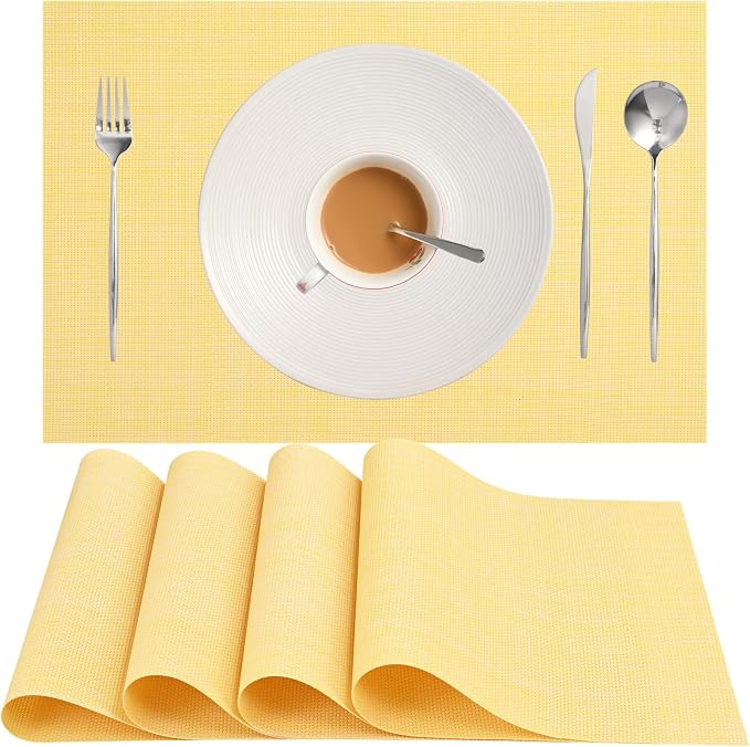 Zupro Light Yellow Placemats Set of 4 Woven 18"x12" for Indoor/Outdoor Use | Washable Heat-Resistant Non Slip Table Mats PVC Vinyl Kitchen Dining Patio Table Place Mats for Holidays Dinner Parties BBQs