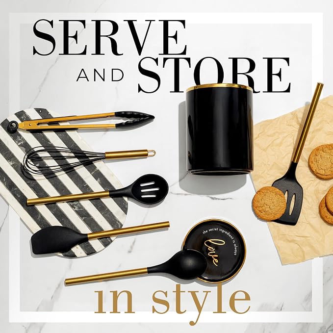 Styled Settings Black and Gold Kitchen Utensils Set with Holder, 8-Piece | Heat Resistant, Nonstick, Black Silicone Cooking Utensils Set, Ceramic Utensil Holder & Stackable Gold Spoon Rest