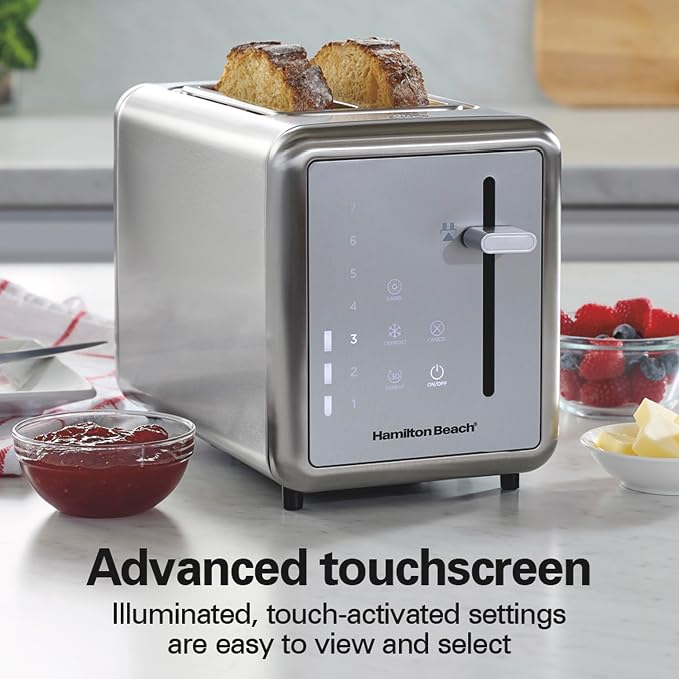 Hamilton Beach 2 Slice Toaster With Advanced Touchscreen & Extra Wide Slots | Browning Control With 7 Shades | Auto Shutoff | Bagel, Defrost, Reheat and Cancel | Brushed Stainless Steel | 22426