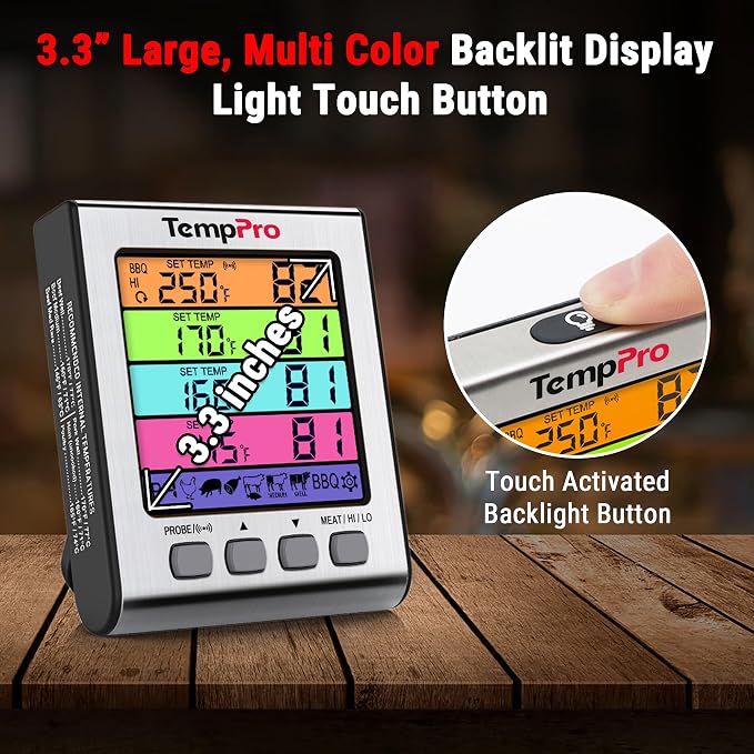 TempPro TempTrack Digital Meat Thermometer with 4 Temperature Probes | HI/Low Alarm Smoker Food Thermometer with Colored Backlit LCD, BBQ Thermometer for Cooking Grill Kitchen Oven
