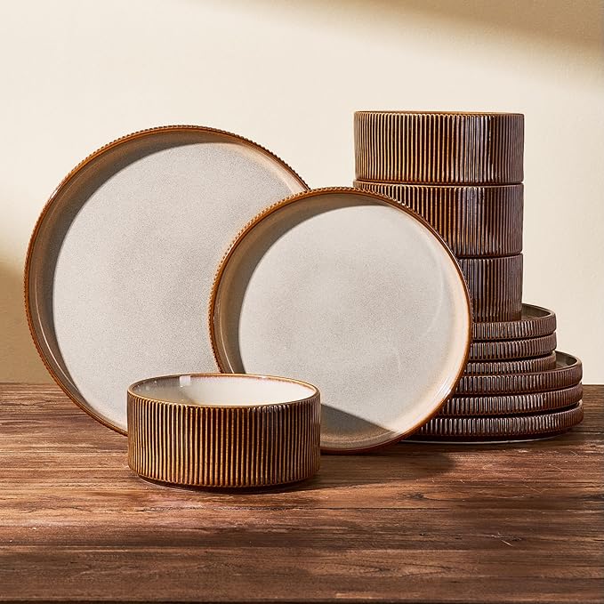 Stoneware Dinnerware Set for 4, Cream Brown Reactive Glaze | 12 pcs Ceramic Plates and Bowls, Handmade Ribbed Dishes, Everyday Use, Microwave & Dishwasher Safe, Chip & Scratch Resistant