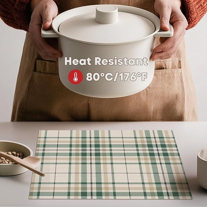 Artoid Mode Stripe Plaid Vinyl Placemats Set of 4, 12x18 Inch Washable Non-Slip Heat Resistant Plastic Place Mats for Party Dining Table, Olive Green