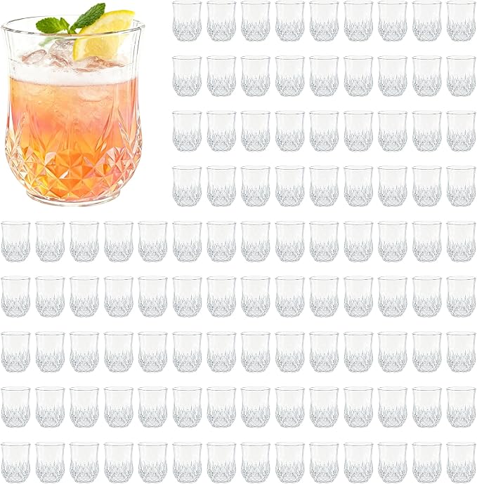 100 Pack Plastic Stemless Wine Glasses, 12oz Unbreakable Wine Cups | Reusable Fancy Vintage Drinking Glass Bulk for Cocktail, Whiskey, Juice, Elegant Decor for Wedding, Party & Holiday Events