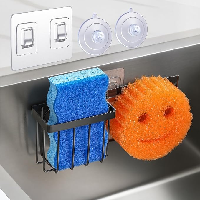 LANDNEOO [Space Saving] Sponge Holder for Kitchen Sink, Great for Scrub Daddy/Scrub Mommy Sponges, Rust-proof Sink Sponge Caddy Organizer for Dish Brush, Scrubber - with Suction Cups & Hooks, Black