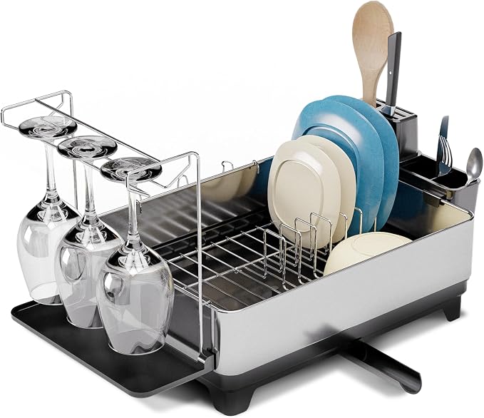 Home Zone Living Dish Drying Rack for Kitchen Counter | Stainless Steel with Drip Tray, Extendable Water Drainage Pipe, and Holders for Utensils, Wine Glasses and Cutting Board