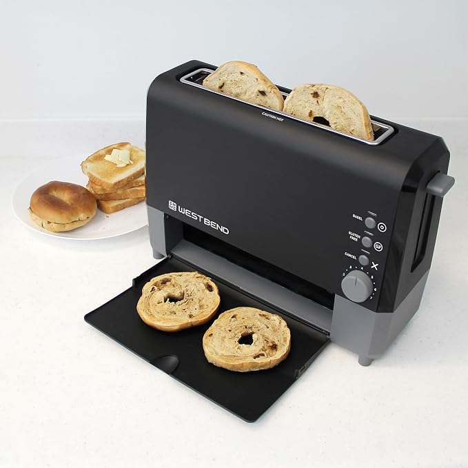 West Bend QuikServe Toaster, 2-Slice Wide-Slot Slide-Through Bread Toaster with Bagel and Gluten-Free Settings and Cool-Touch Exterior Fast Toasting, Includes Removable Serving Tray, 1400-Watts, Black