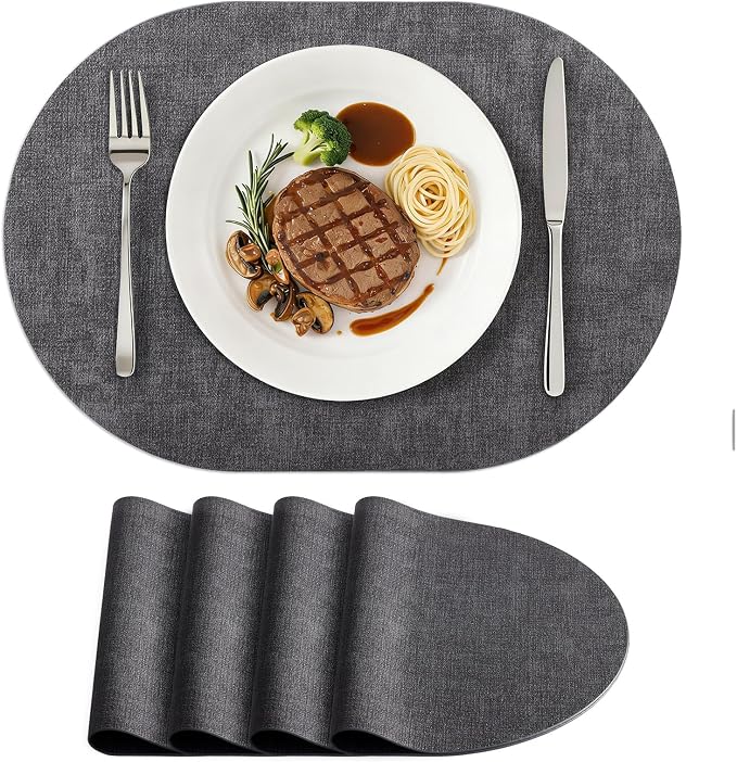Placemats Set of 4, 11.8 x 17 Inch, Dark Grey | Heat Resistant Oval Faux Leather Place Mats, Waterproof Wipeable Reversible PU Placemat, Indoor & Outdoor