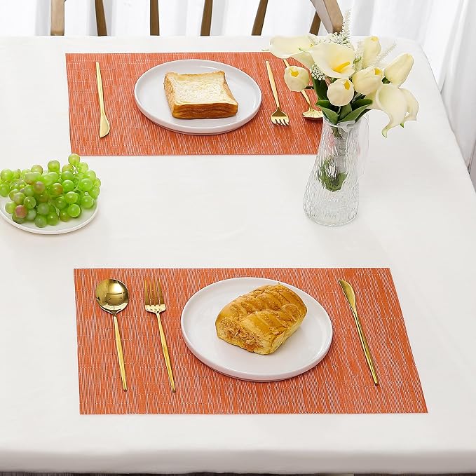 Leetaltree Orange Placemats Set of 4 - Heat Resistant Non-Slip Place mats for Dining Table, Washable Durable PVC Vinyl Woven Table Mats（Orange, 4）