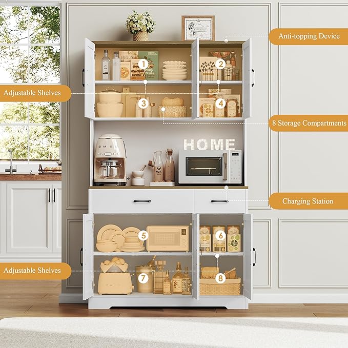 HOSTACK 71"H Kitchen Pantry Storage Cabinet, Farmhouse Hutch Cabinet, White | Space-Saving Pantry Cabinet with Charging Station & 2 Large Drawers & Adjustable Shelves, Tall Kitchen Hutch, Dining Room