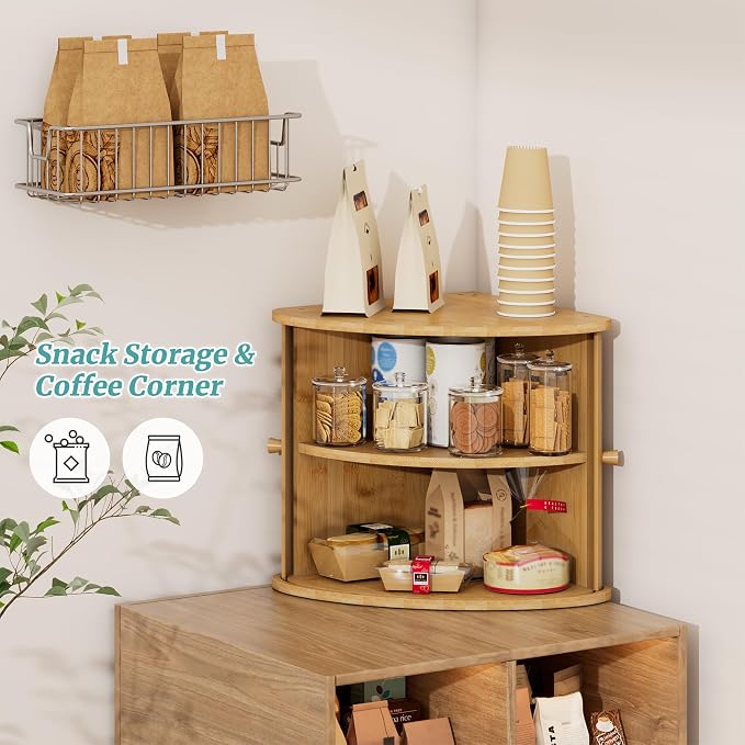 Corner Bread Box for Kitchen Countertop, Solid Bamboo Wood Bread Box, Two Layer Wooden Bread Storage Capacity