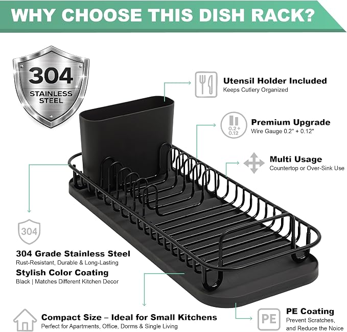 SunnyPoint 304 Stainless Steel NeverRust Compact Dish Drying Rack with Utensil Holder & Removable Drain Tray, Rustproof Small Dish Rack for Kitchen Countertop or Over Sink – Black
