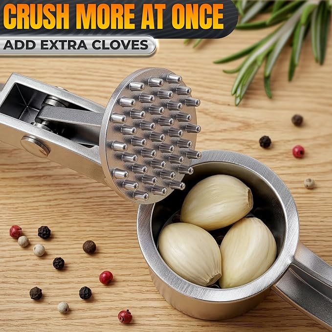 Metal Garlic Press - Ginger Mincer with 37 Built-In Studs for Maximum Extraction, Garlic Crusher for Ginger and Soft Nuts, Rust-Resistant, Ergonomic Handle, No Peel Needed, Hand Wash Only, Silver