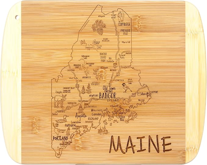 Totally Bamboo A Slice of Life Maine Engraved Map Cutting Board | 11” x 8.75” charcuterie board with engraved state map artwork. Smooth reverse side for food prep. Hang tie for wall display.