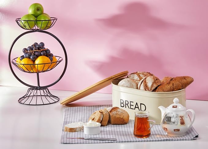 RoyalHouse Premium Metal Bread Box with Bamboo Lid | Stainless Steel Large Bread Bin Storage Container And Organizer for Kitchen Countertop, Vintage Style Kitchen Decor