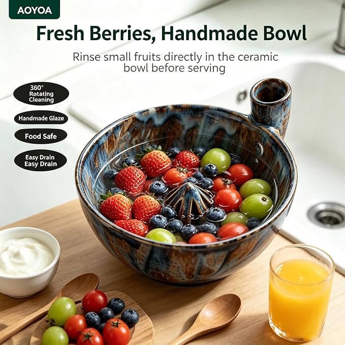 Self Spinning Ceramic Berry Washing Bowl with Drain Holes, 7'' Kitchen Fruit Washer Spinner Bowl with 10pcs Sponges (A-Pink)