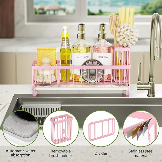 Cisily Extra Large Sink Caddy Organizer with Drying Stone, Pink Sponge Holder for Kitchen, Dish Brush Holder for Countertop, Kitchen Decor Storage and Essentials