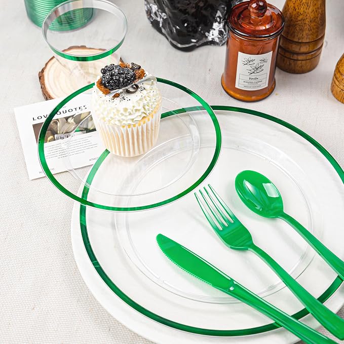 600PCS Clear Green Plastic Plates, Disposable Dinnerware Set for Party | 100 Guest, 100 Dinner & Dessert Plates, Forks, Spoons, Knives, Cups, , for Wedding, Bridal Shower, Christmas