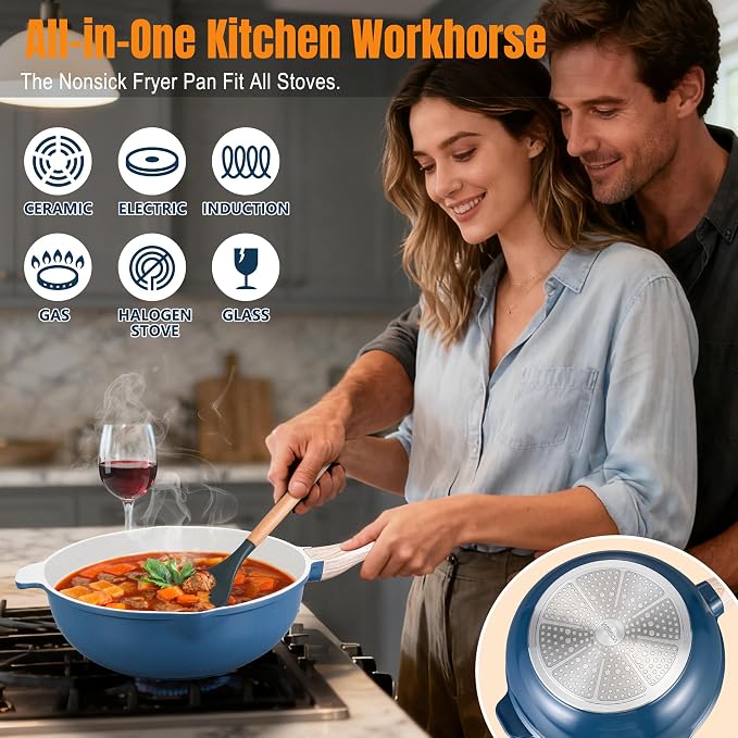 AOSION 12 Inch Nonstick Ceramic Deep Frying Pan with Lid & Steam Rack, 5.5QT Sauté Pan, Large Ceramic Skillet,Stay Cool Handle, Induction Compatible, PFOA & PFAS Free,blue.