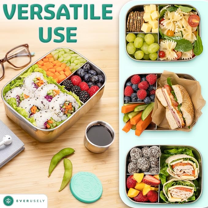 Stainless Steel Bento Box + Condiment Container - Green, 37oz / 1.1 L | Everusely metal lunch box, leakproof sauce container, 3 compartment snack organizer for travel, freezer & dishwasher safe