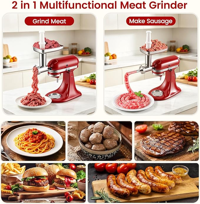 Stainless Steel Meat Grinder Attachment for KitchenAid Stand Mixer | Food Grade, Heavy Duty, No Clog, Dishwasher Safe, Sausage Stuffer & Burger Maker