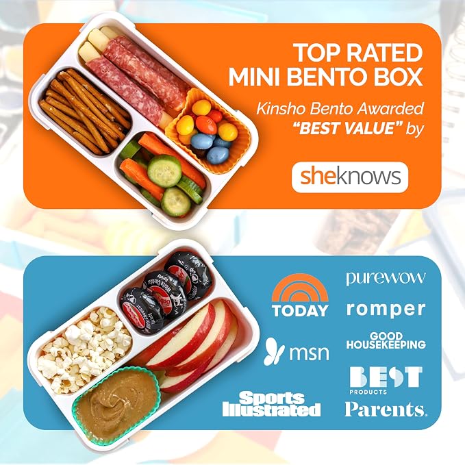 kinsho Snack Container Boxes for Kids Toddlers, 2 Pack Teal Blue & Orange | 3 Compartments, Leak-Proof, Spill Proof, BPA-Free Reusable Small Mini Bento Lunch Box for Daycare School Travel, Holds 2 Cups