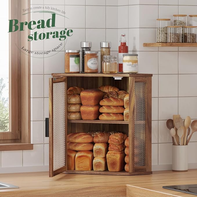 STDDRE Corner Bread Box for Kitchen Countertop 2-Tier Acacia Wood Kitchen Countertop Bread Storage Large Capacity Farmhouse Bread Box with Window Bread Holder Corner Food Organizer (Extra Large)