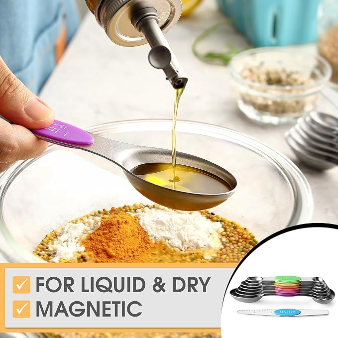 Spring Chef Stainless Steel Magnetic Measuring Spoons Set of 8, Neon | Dual Sided Metal Teaspoon & Tablespoon Measuring Spoons w/ Leveler for Dry & Liquid Ingredients, Fits in Kitchen Spice Jars