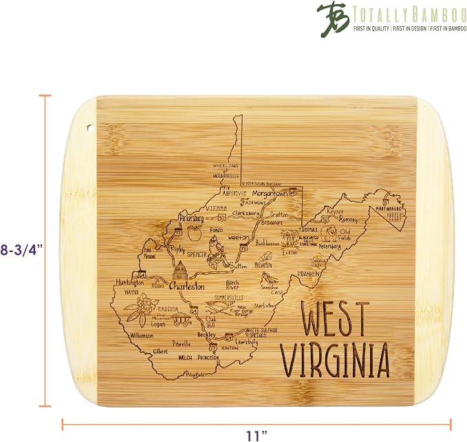 Totally Bamboo A Slice of Life West Virginia Engraved Map Cutting Board | 11” x 8.75” charcuterie board with engraved state map artwork. Smooth reverse side for food prep. Hang tie for wall display.