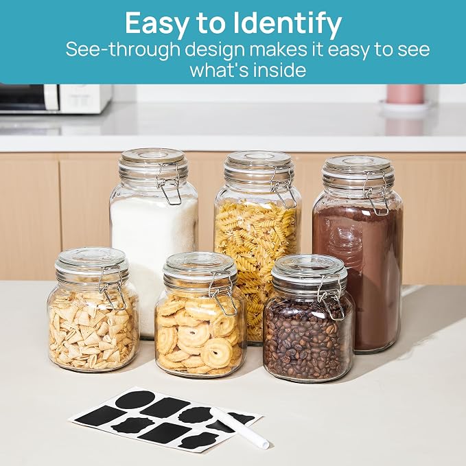 Vtopmart 34oz Glass Food Storage Jars with Airtight Clamp Lids, 3 Pack | Kitchen Canisters for Flour, Cereal, Coffee, Pasta and Canning, Square Mason Jar with 8 Chalkboard Labels