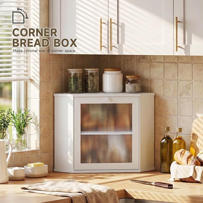 Bread Box for Kitchen Corner Countertop,Large Bread Basket (White, Large) | Double Layer Bamboo Bread Storage Container for Kitchen Countertop,Height Adjustable