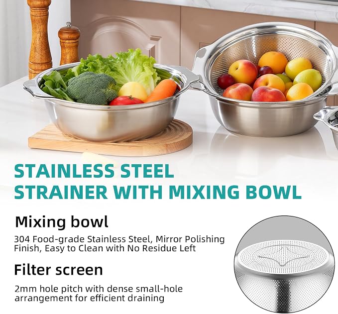 Colander for Kitchen Stainless Steel, 4QT Rice Strainer Bowl with Handle for Washing Pasta, Spaghetti, Vegetables, Fruit, Durable Use, Dishwasher Safe(2PC)