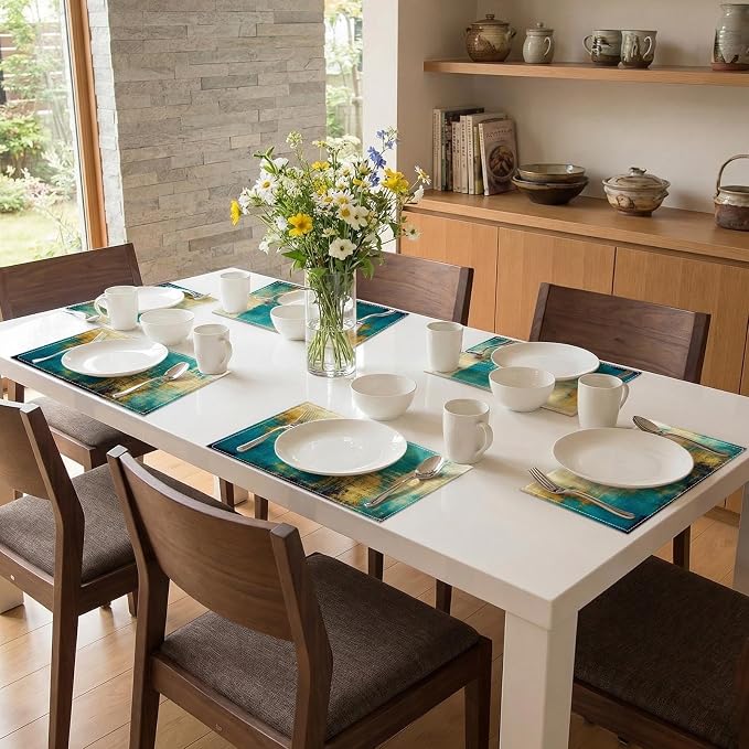 Emvency Farmhouse Placemats Set of 6, 12x18 Inch, Teal Modern Gold Blue | Farmhouse Modern Art Painting Table Mats for Outdoor Home Party Kitchen Dining Decoration