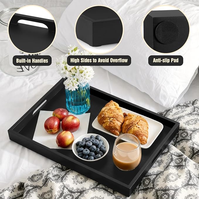 17 Inch Wood Serving Tray with Handles - Large Wooden Tray for Ottoman, Breakfast in Bed, Dinner, Coffee Table - Black Rectangular Tray for Living Room Bedroom Entryway and Kitchen
