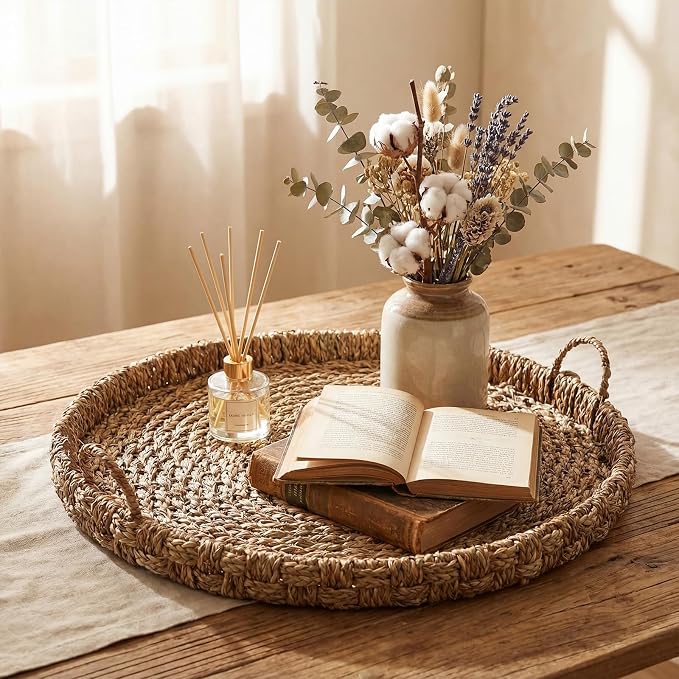 Large 15.7 Inches Rattan Round Serving Tray with Handles Round Braided Bankuan Basket with Handles for Decorative Coffee Table Fruit Bread