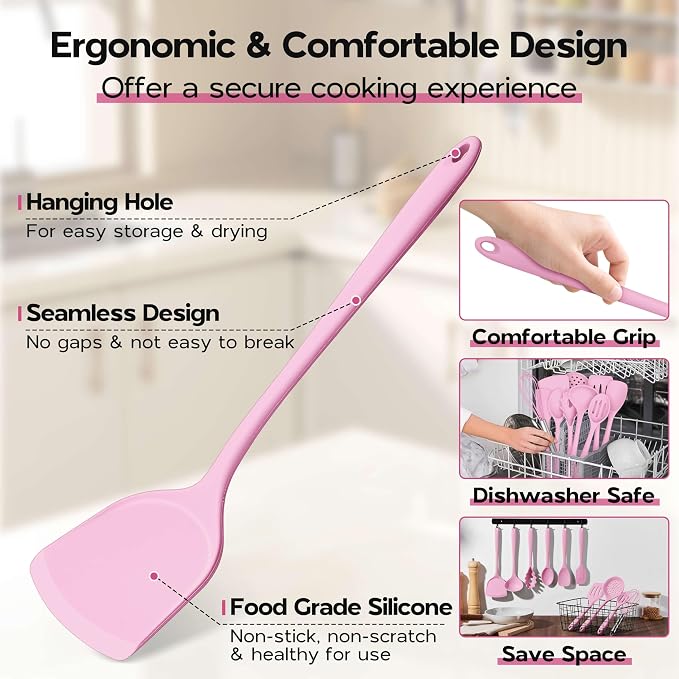 Onader Silicone Cooking Utensils Set, 10 Pieces Kitchen Utensils Set, Pink Kitchen Gadgets Tools Kit for Nonstick Cookware