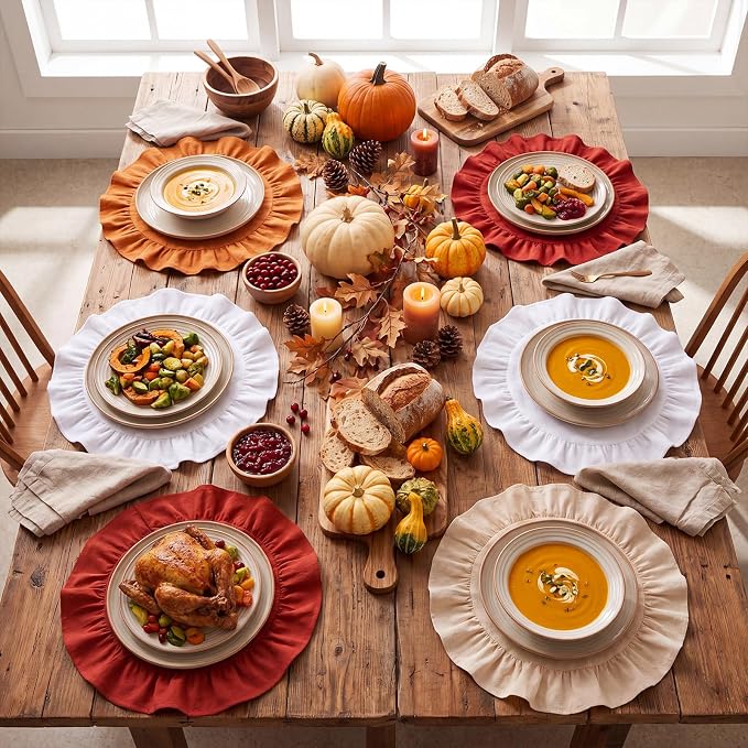 Set of 6 Fall Placemats Orange Round Ruffled Table Placemats 15 Inch Fabric Vintage Farmhouse Boho Rustic Circle Mat for Fall Thanksgiving Harvest Halloween Party Supplies Table Decorations